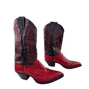 VTG Justin Lizard Tall Western Cowboy Boots 7.5 Red Black Leather Pull On 4754